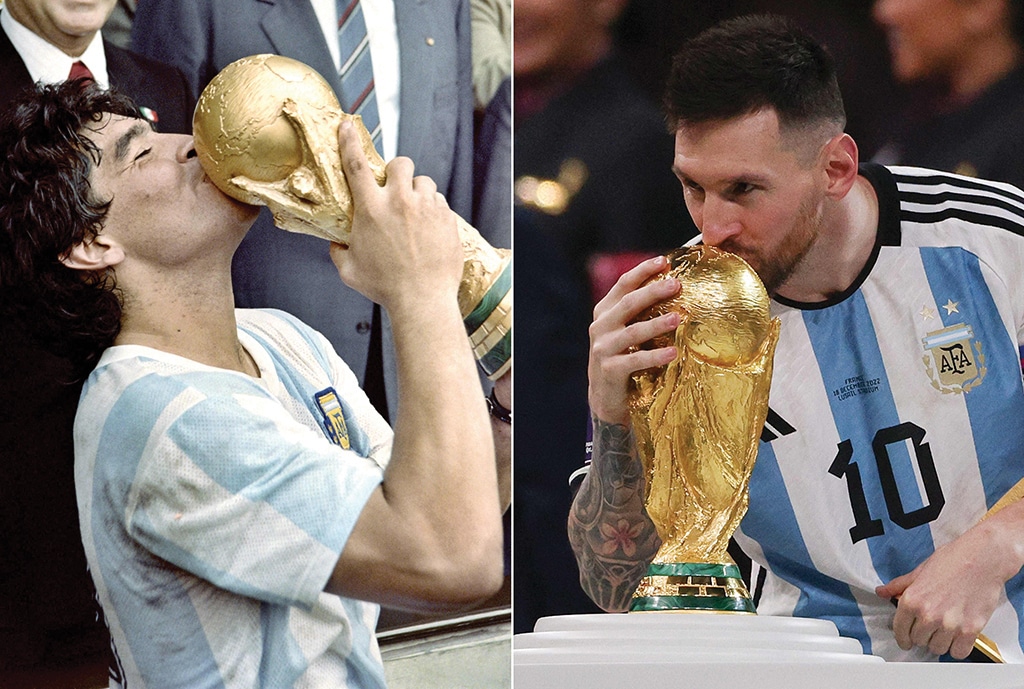 This combination of pictures shows Argentina's captain Diego Armando Maradona (left) kissing the 1986 World Cup trophy at Azteca Stadium in Mexico City and Argentina's forward Lionel Messi (right) kissing the 2022 World Cup trophy at Lusail Stadium north of Doha. – AFP