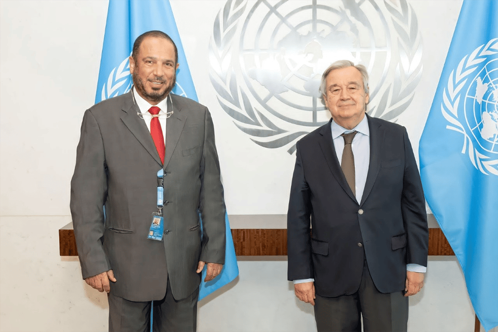 UN Secretary General Antonio Guterres’ pictured with nChairman of the International Islamic Charitable nOrganization Dr Abdullah Al-Matouq. — KUNA