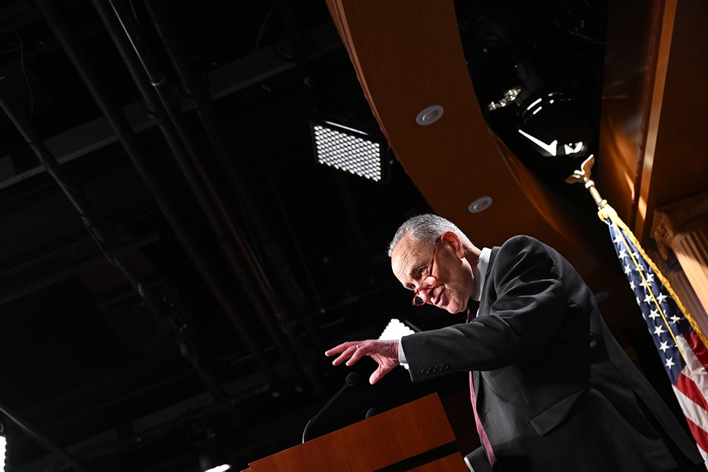 WASHINGTON: US Senate Majority Leader Chuck Schumer, Democrat of New York, speaks about the government spending bill, during a press conference in the Senate Studio of the US Capitol in Washington, DC. - AFP