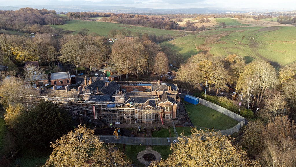 An aerial view shows Hopwood Hall, the ancestral home of US film producer Hopwood DePree, that dates from the 15th century, which he is in the process of restoring, in Middleton, northern England. - AFP photos
