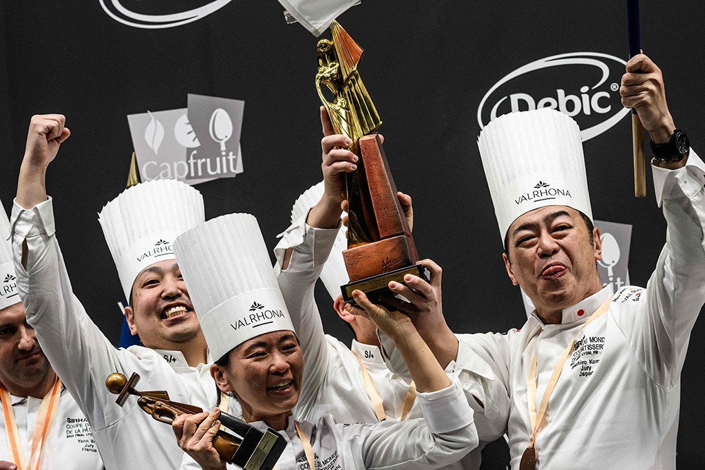 Members of team Japan hold the trophy as they celebrate winning the 2023 Bocuse d’Or pastry competition at the SIRHA (Salon International de la Restauration, de l’Hôtellerie et de l’Alimentation) in Chassieu Eurexpo hall near Lyon, southeastern France. – AFP Photos