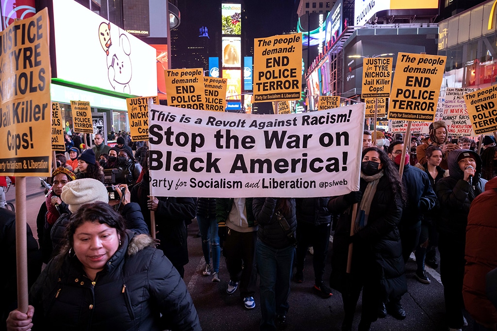 NEW YORK: Protesters rally against the fatal police assault of Tyre Nichols, at Times Square in New York City.-AFP