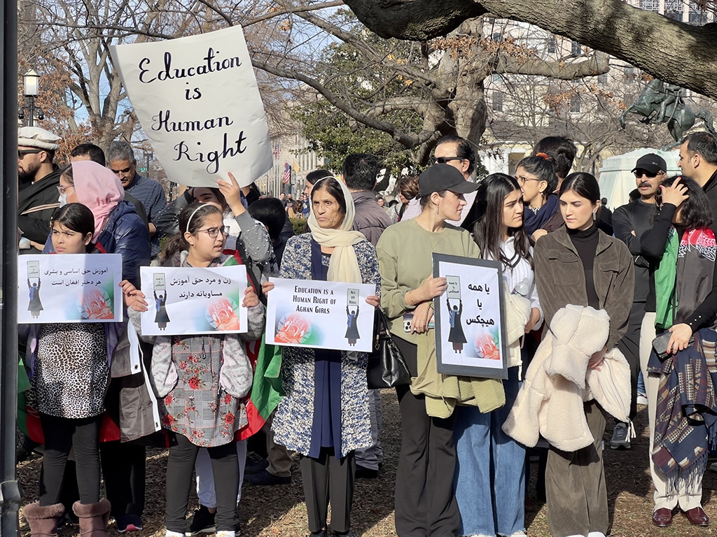 WASHINGTON: People demonstrate in front of the White House in Washington, DC, against the Afghan Taleban regime's ban of higher education for women. - AFP