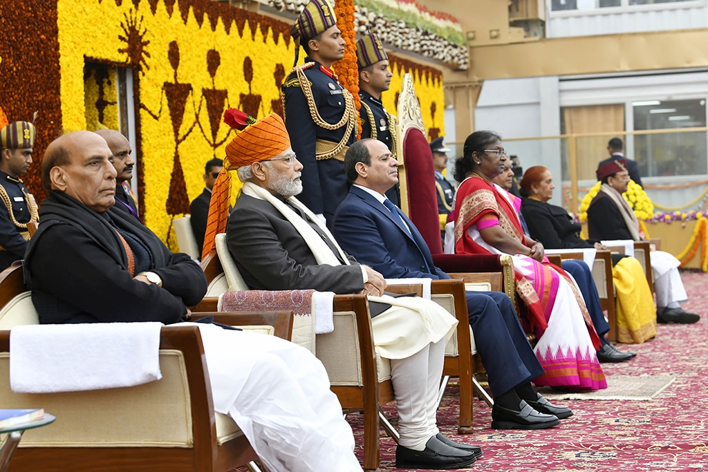NEW DELHI, India: This handout photograph taken on Thursday and released by the Indian Press Information Bureau (PIB) shows (from left to right) India's Defence Minister Rajnath Singh, Prime Minister Narendra Modi, Egypt's President Abdel Fattah al-Sisi and India's President Droupadi Murmu attending the Republic Day parade in New Delhi.- AFP
