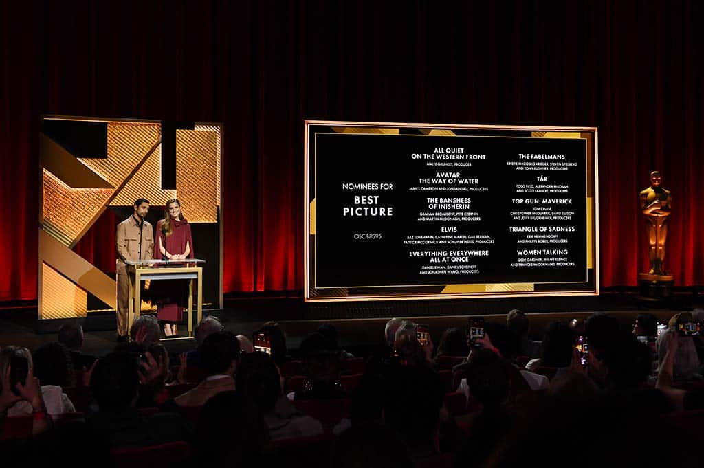 British actor Rizwan Ahmed (L) and US actress Allison Williams announce the nominees for Best Picture during the 95th Academy Awards nominations announcement at the Samuel Goldwyn Theater in Beverly Hills, California, on January 24, 2023. – AFP photos