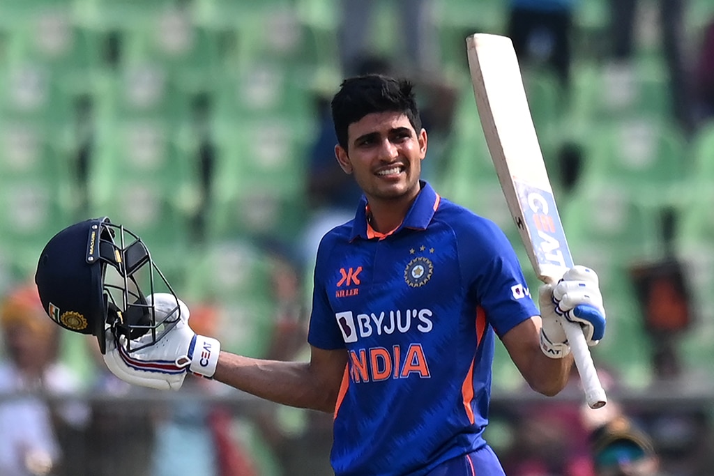 THIRUVANANTHAPURAM: India's Shubman Gill celebrates after scoring a century (100 runs) during the third and final one-day international (ODI) cricket match between India and Sri Lanka at the Greenfield International Stadium in Thiruvananthapuram on January 15, 2023. – AFP