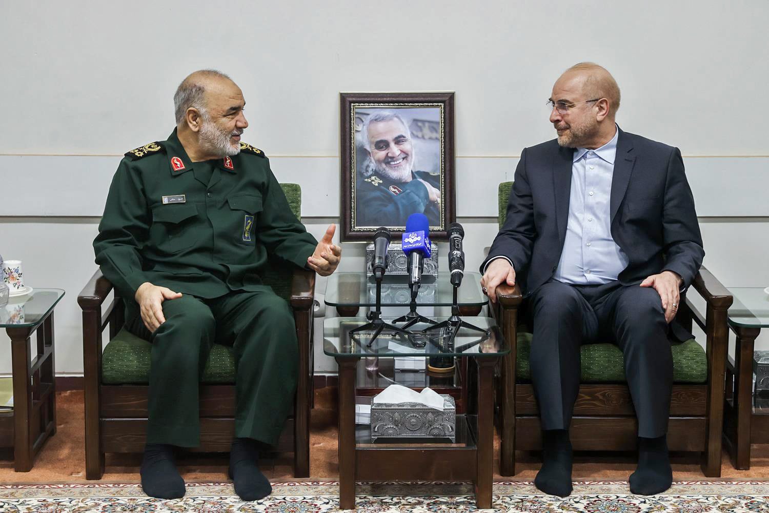 TEHRAN: Picture provided by the Islamic Consultative Assembly News Agency (ICANA) shows Iranian parliament speaker Mohammad Bagher Ghalibaf (R) meeting with the Islamic Revolutionary Guard Corps (IRGC) chief Hossein Salami, in the capital Tehran. The IRGC warned the European Union against making a “mistake” by listing it as a terror group, after the bloc’s parliament called for the measure. — AFP
