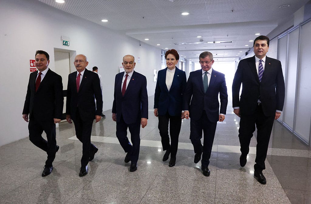 ANKARA: Republican People's Party (CHP) Kemal Kilicdaroglu (2ndR), IYI Party Meral Aksener (3rdL), Felicity Party (Saadet) Temel Karamollaoglu (3rdL), Democratic Party (DP) Gultekin Uysal (R), Future Party (Gelecek) Ahmet Davutoglu (2ndR) and Democracy and Progress (DEVA) Party Ali Babacan (L), belonging to the Turkish opposition alliance called National Alliance arrive to present their programme in Ankara. – AFP