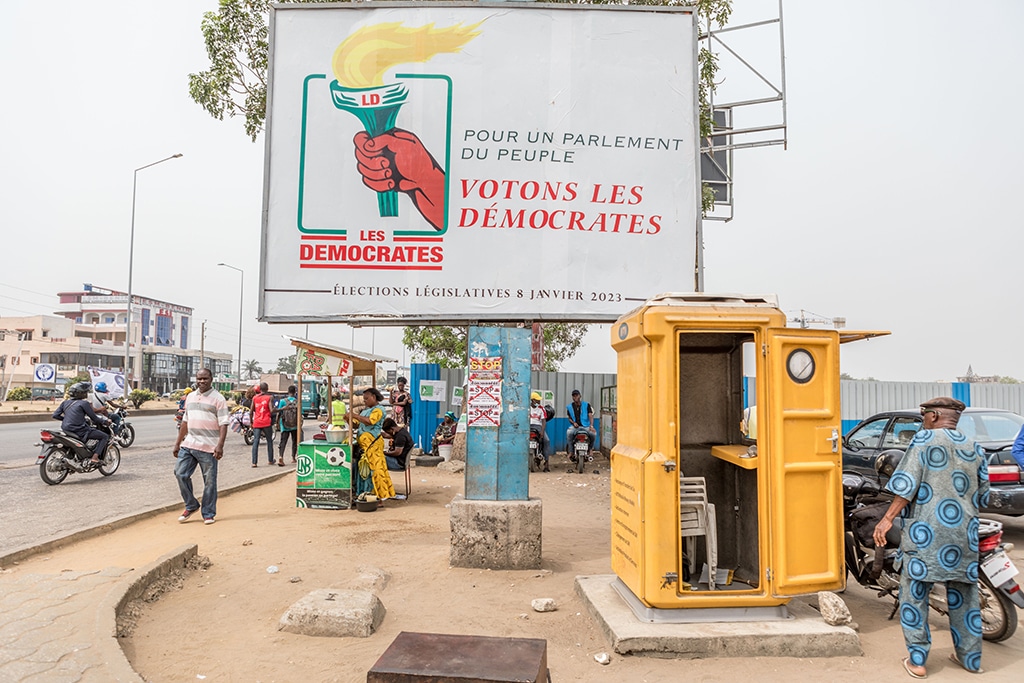 COTONOU: A general view of a billboard at the edge of a road of the Democrats Party, the main opposition party that participates for the first time in the elections under the mandate of President Patrice Talon, in Cotonou. – AFP