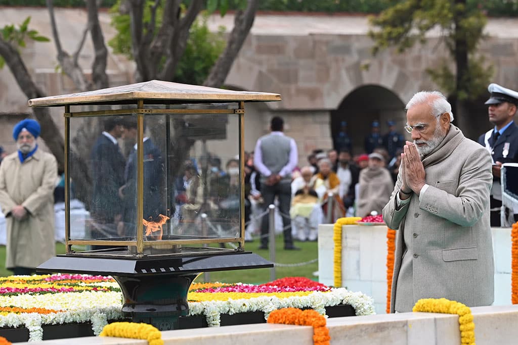 NEW DELHI: India's Prime Minister Narendra Modi pays his respect at the Mahatma Gandhi memorial at Rajghat on Gandhi's death anniversary in New Delhi on January 30, 2023. - AFP