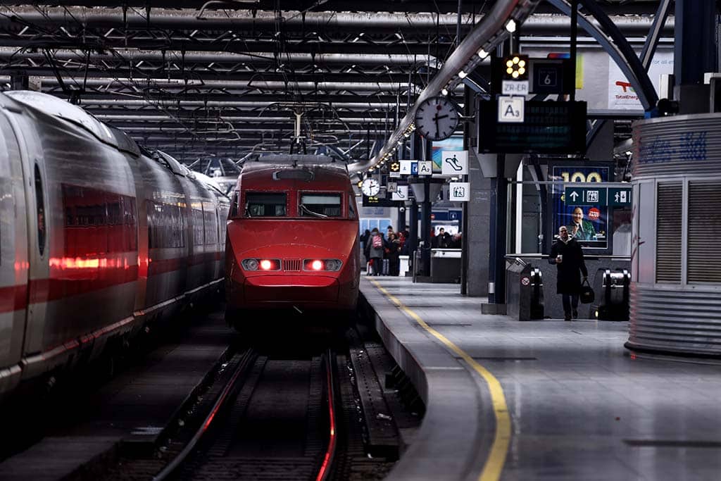 This picture shows a Thalys train in the Bruxelles-Midi train station in Brussels, on January 24, 2023. (Photo by Kenzo TRIBOUILLARD / AFP)