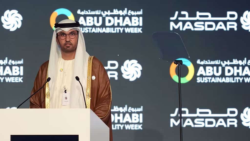 ABU DHABI: UAE Minister of State and the CEO of Abu Dhabi's state-run Abu Dhabi National Oil Sultan Ahmed Al-Jaber, talks during the Abu Dhabi Sustainability Week's opening ceremony, in Abu Dhabi.