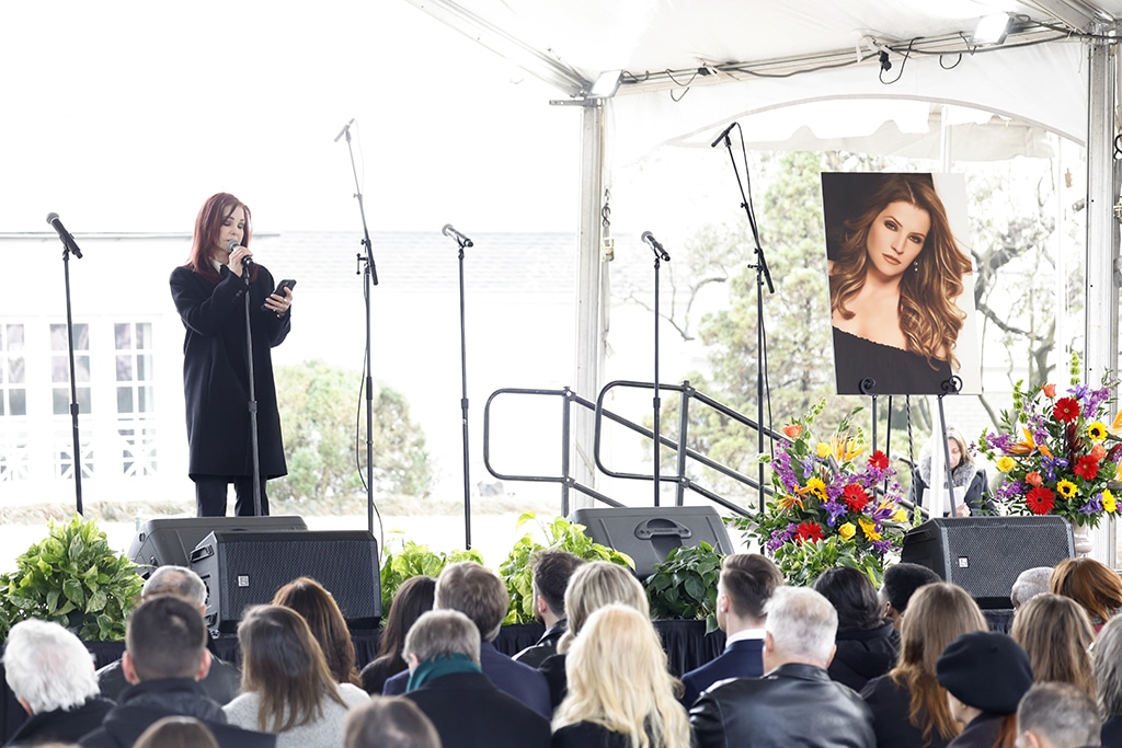 Priscilla Presley speaks at the public memorial for Lisa Marie Presley at Graceland on January 22, 2023 in Memphis, Tennessee.