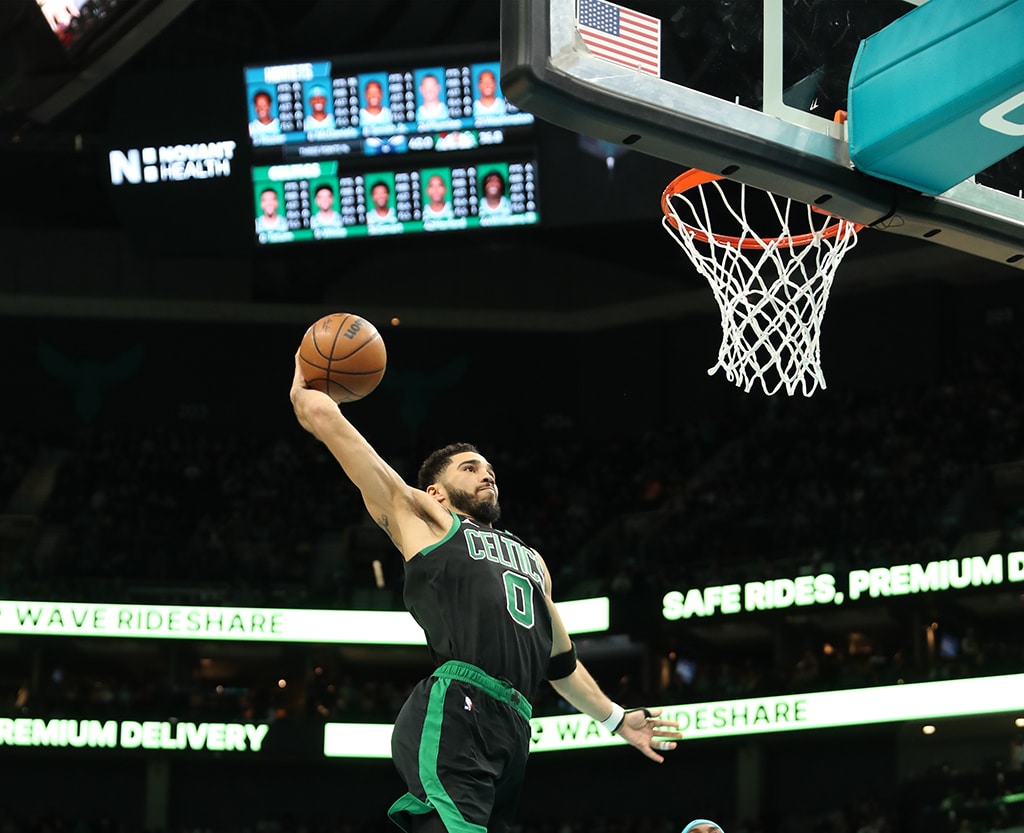 CHARLOTTE: Jayson Tatum of the Boston Celtics dunks the ball during the game against the Charlotte Hornets on Jan 16, 2023 at Spectrum Center. – AFP