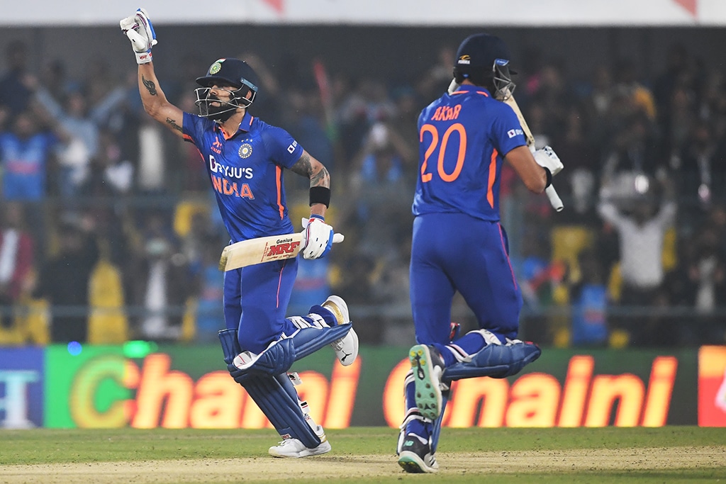 GUWAHATI: India's Virat Kohli runs between the wickets as celebrates scoring a century during the first ODI match between India and Sri Lanka at the Assam Cricket Association Stadium on Jan 10, 2023. – AFP