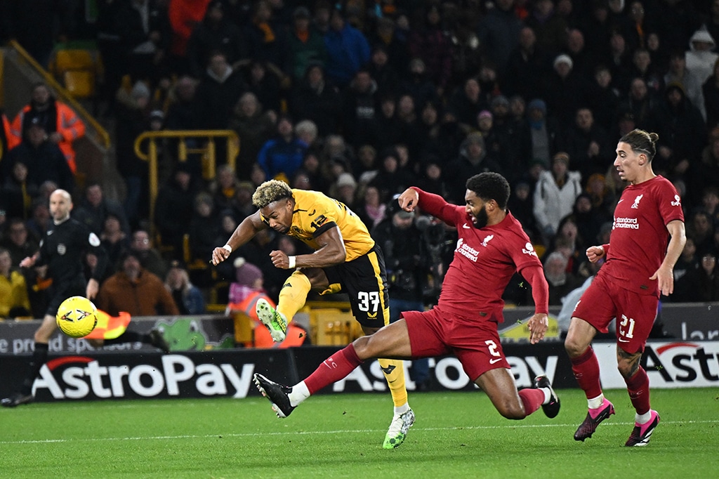 WOLVERHAMPTON: Wolverhampton Wanderers' Spanish midfielder Adama Traore shoots but misses to score during the FA Cup match against Liverpool at Molineux stadium on Jan 17, 2023. – AFP