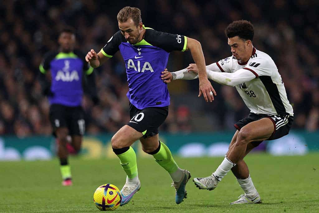 LONDON: Tottenham Hotspur's English striker Harry Kane vies with Fulham's English-born US defender Antonee Robinson at Craven Cottage on Jan 23, 2023. - AFP