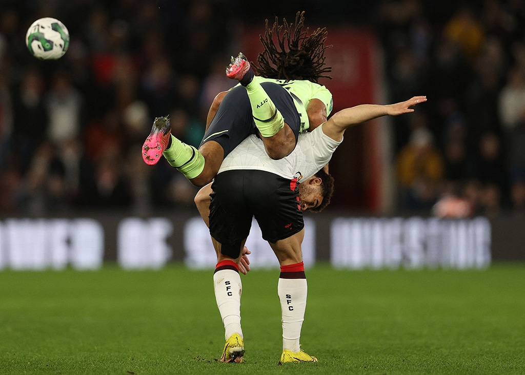 SOUTHAMPTON: Manchester City's Dutch defender Nathan Ake clashes with Southampton's English midfielder Che Adams at St Mary's Stadium on Jan 11, 2023. – AFP