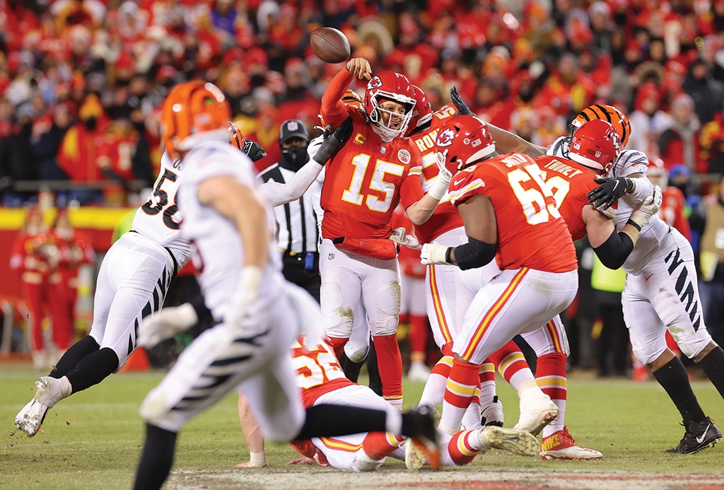 KANSAS CITY: Patrick Mahomes of the Kansas City Chiefs throws an incomplete pass against the Cincinnati Bengals during the fourth quarter in the AFC Championship Game at GEHA Field at Arrowhead Stadium on Jan 29, 2023. - AFP