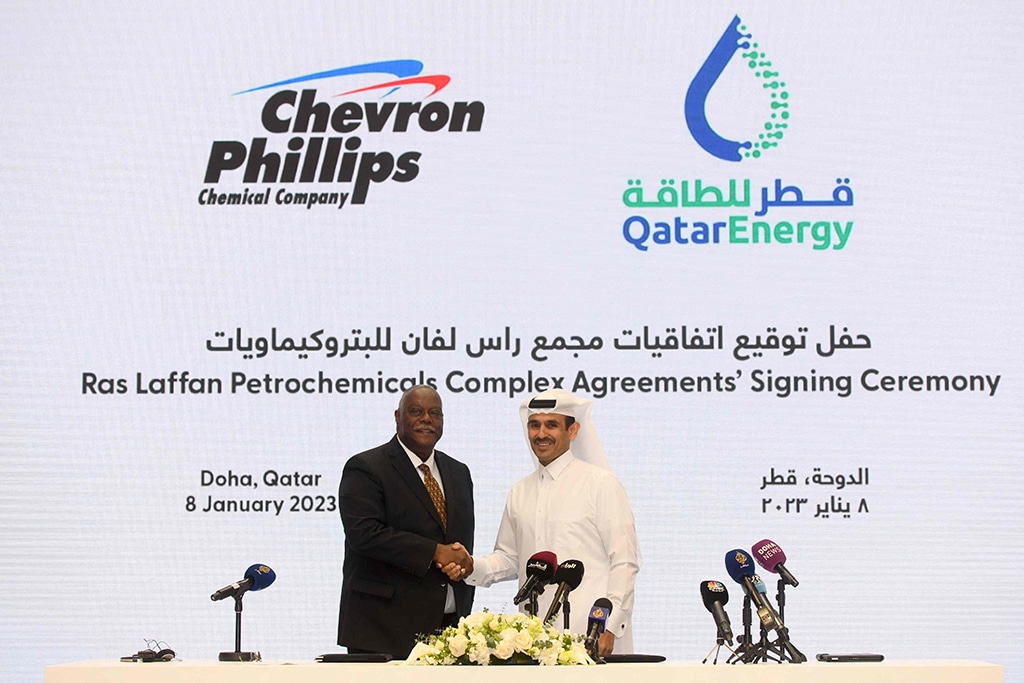 DOHA: Saad Sherida Al-Kaabi, Qatar's Energy Minister and CEO of QatarEnergy, and Bruce Chinn, CEO of Chevron Phillips Chemical, attend a signing ceremony at the QatarEnergy headquarters on Jan 8, 2023. – AFP
