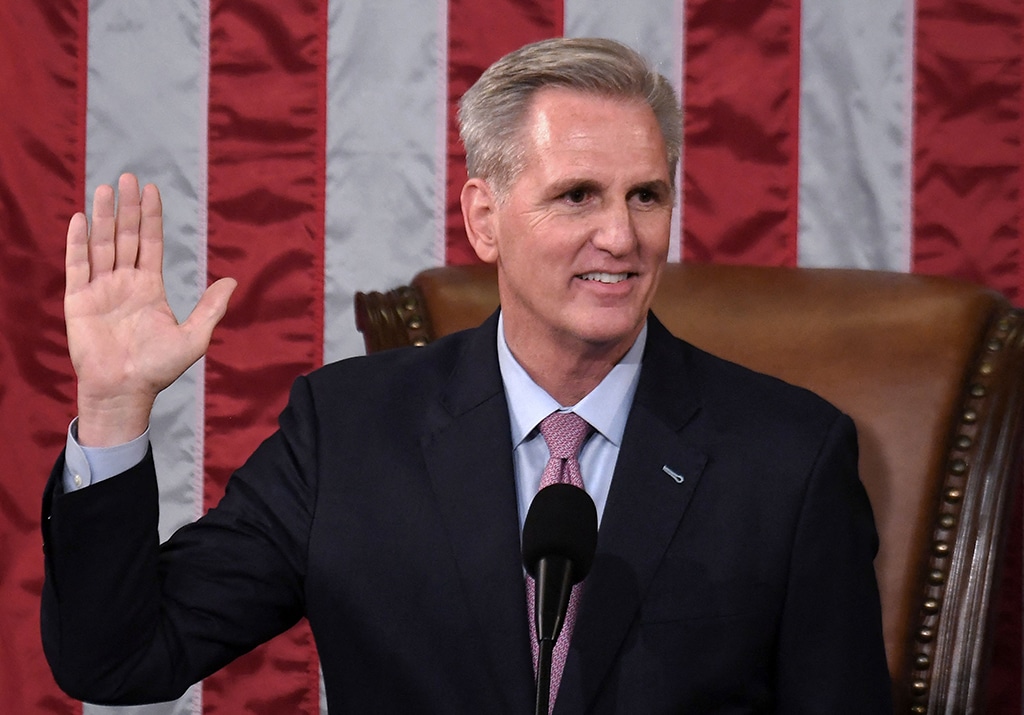 WASHINGTON: Newly elected Speaker of the US House of Representatives Kevin McCarthy takes the oath of office after he was elected at the US Capitol on Jan 7, 2023. – AFP