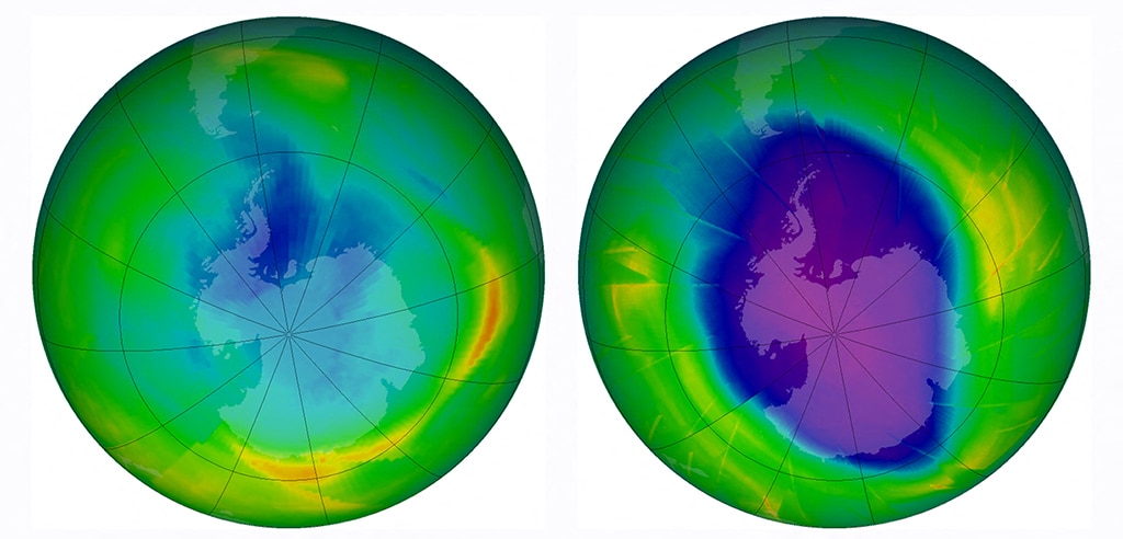 This file image shows a combination of two images released by the NASA Earth Observatory showing the size and shape of the ozone hole each year in 1979 (left) and in 2009. - AFP