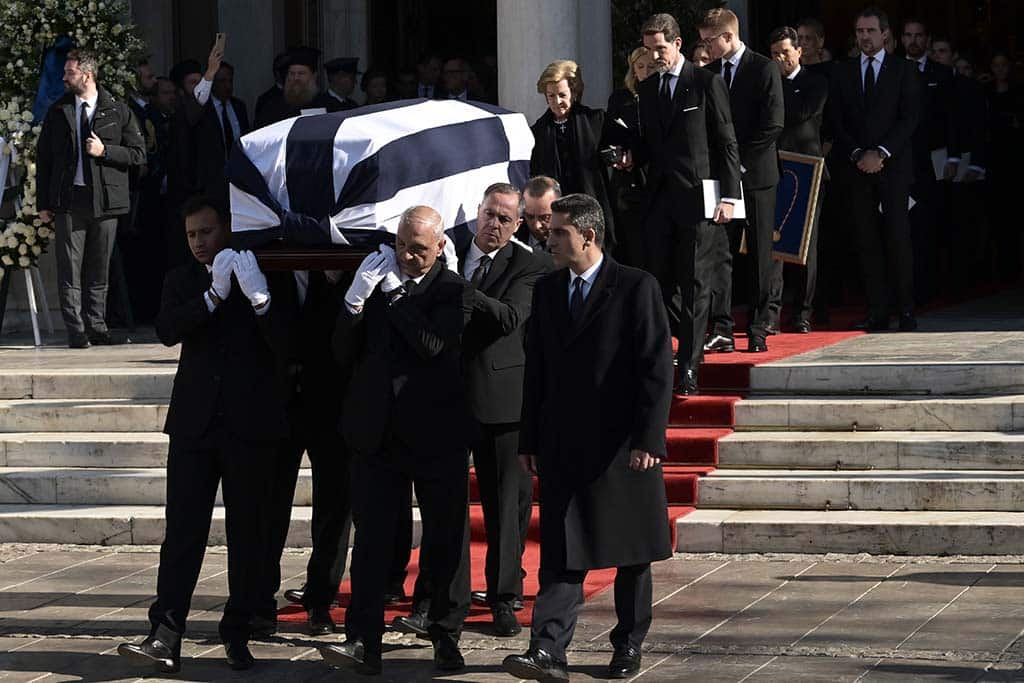 ATHENS: Pall-bearers carry the coffin in front of Greece's former Queen Anne-Marie (CTopR) and Pavlos, Crown Prince of Greece as they leave after the funeral service of former King of Greece Constantine II in the Metropolitan Cathedral of Athens, on January 16, 2023.- AFP