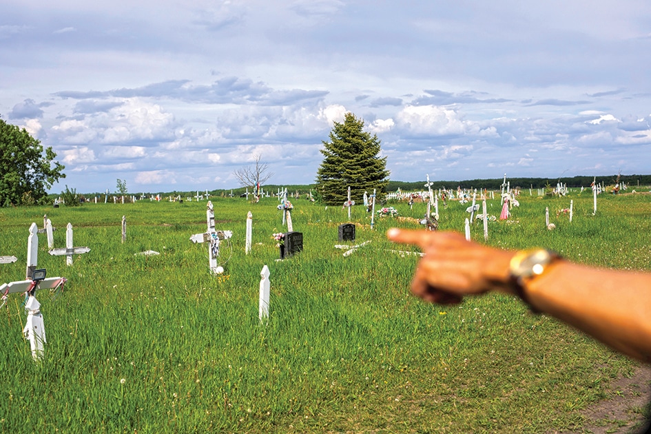 SADDLE LAKE: In this file photo taken on June 8, 2022 Eric Large, former Saddle Lake First Nation chief and Blue Quills Indian Residential School survivor, points to where unmarked graves have been found in Saddle Lake Cemetery on Saddle Lake Cree Nation in Alberta. – AFP