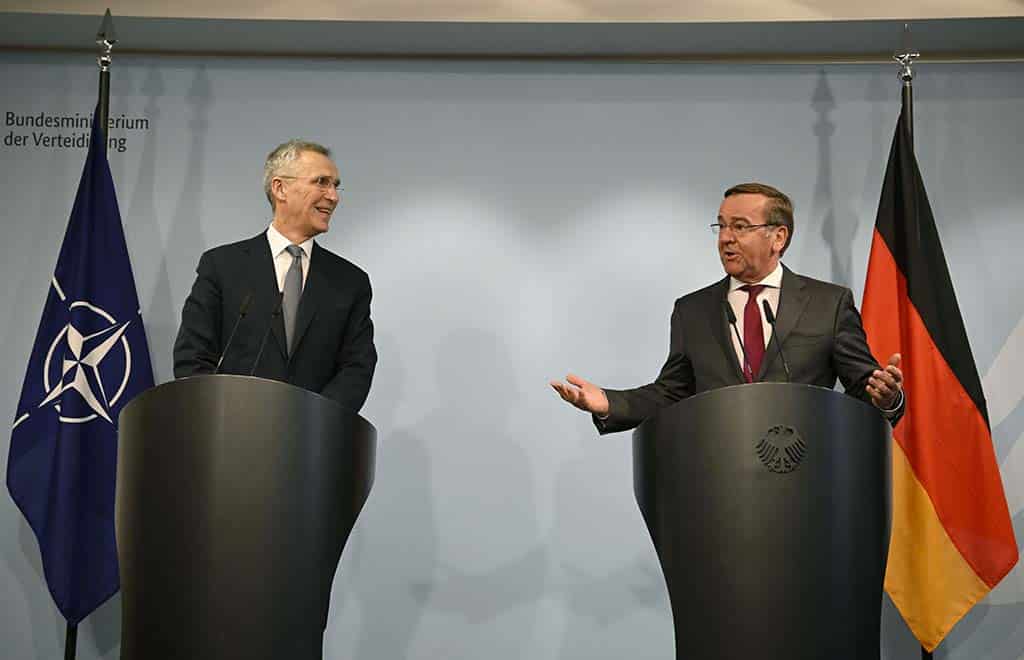BERLIN: Germany's new Defense Minister Boris Pistorius (right) and NATO chief Jens Stoltenberg give a joint press conference following talks on January 24, 2023 at the Defense Ministry in Berlin. – AFP