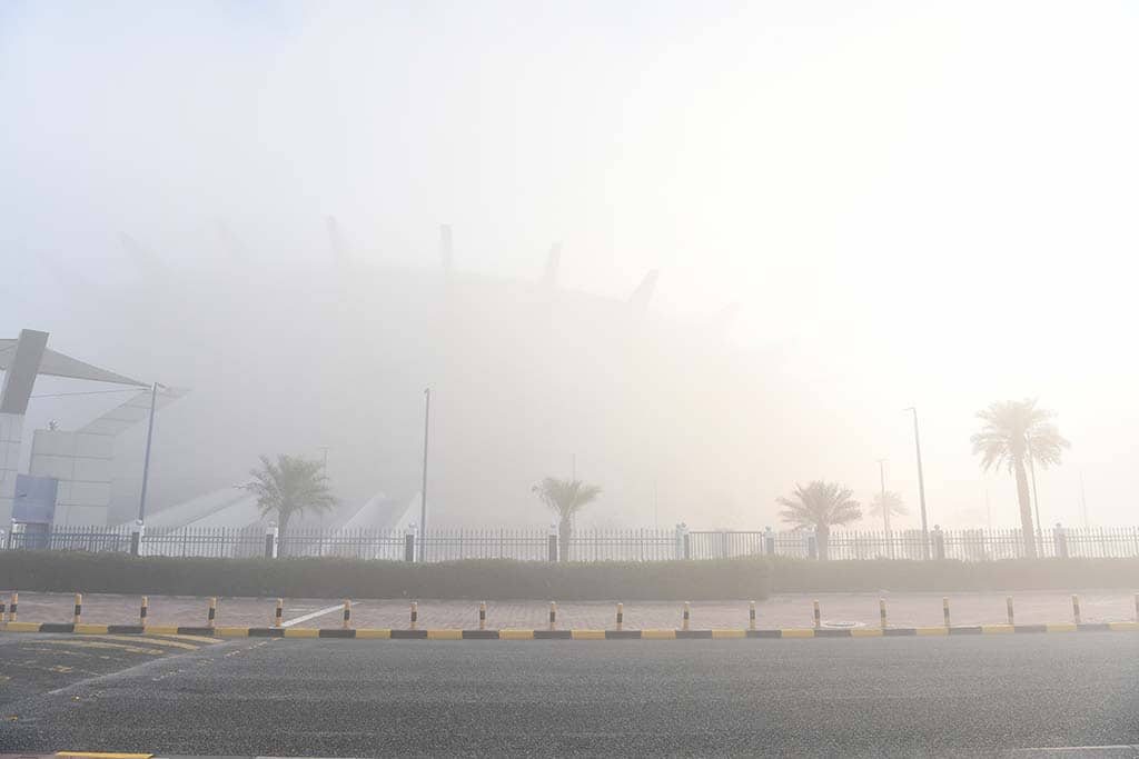 KUWAIT: A thick fog blankets Jaber International Stadium as visibility in Kuwait dropped below 1000 meters on Tuesday. Kuwait is predicted to witness cold weather with foggy conditions and light scattered showers, according to meteorologist Amira Al-Azmi. Temperatures are expected to drop to 8-11 degrees Celsius while the high temperatures might reach 17-20 degrees Celsius. - KUNA
