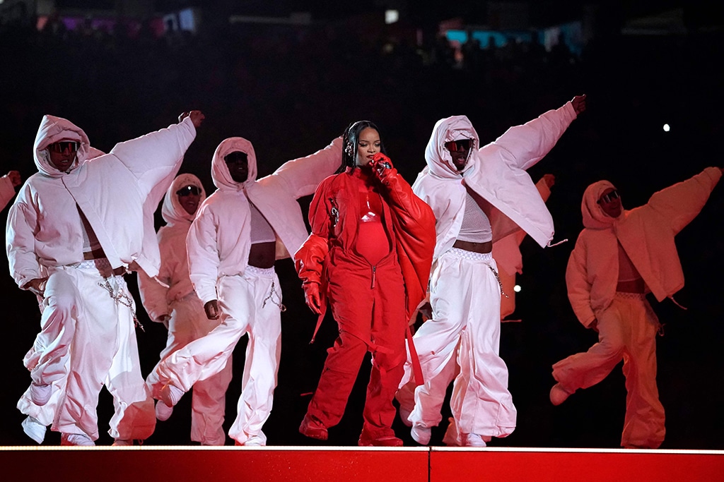 Barbadian singer Rihanna performs during the halftime show of Super Bowl LVII between the Kansas City Chiefs and the Philadelphia Eagles at State Farm Stadium in Glendale, Arizona.— AFP photos