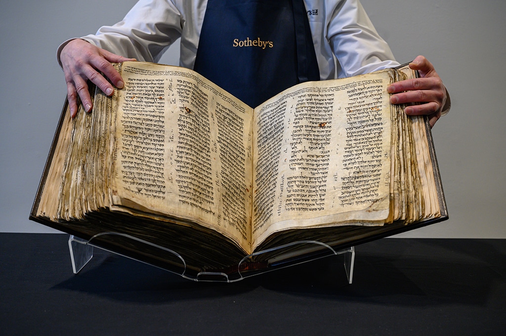 The 'Codex Sassoon' bible is displayed at Sotheby's in New York.— AFP