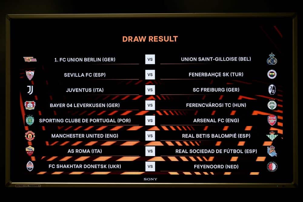 NYON: This photograph shows the draw result and the UEFA Europa League trophy after the draw for the round of 16 of the 2022-2023 UEFA Europa League football tournament in Nyon, on February 24, 2023. - AFP