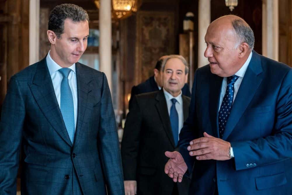 Damascus: This handout picture released by the Syrian Presidency Telegram account shows Syria's President Bashar Al-Assad meeting with the Egyptian Foreign Minister Sameh Shoukry in Damascus. - AFP