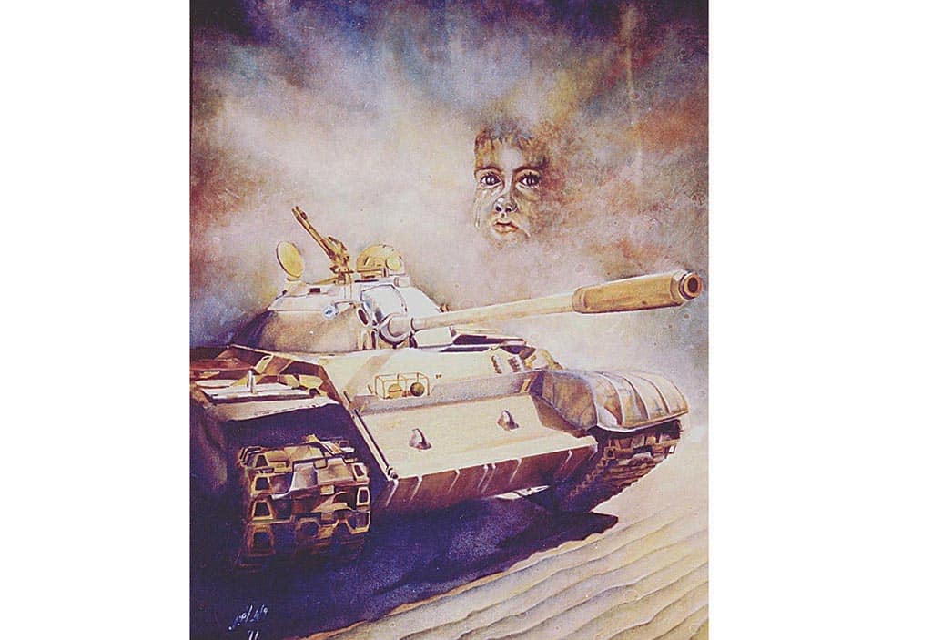 The face of innocence child and a tank - a surrealistic painting depicting war. - KUNA photos