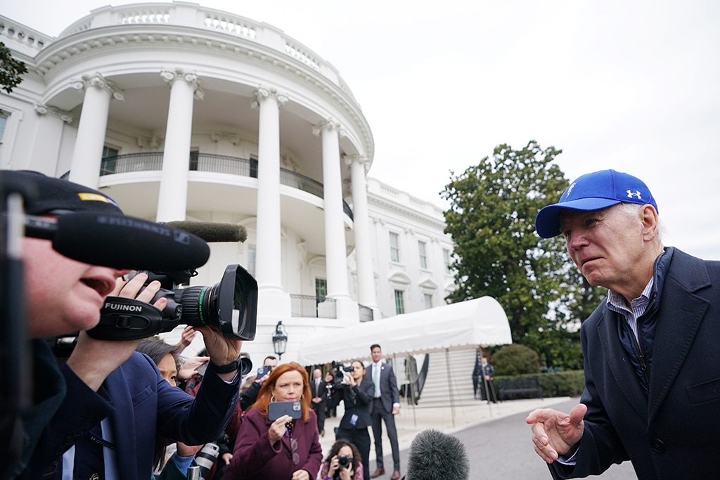 WASHINGTON: US President Joe Biden speaks to reporters on the South Lawn of the White House in Washington, DC, on February 6, 2023. Biden is returning from Camp David in Maryland. - AFP