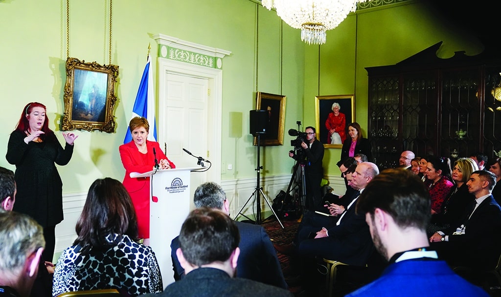 EDINBURGH: Scotland's First Minister, and leader of the Scottish National Party (SNP), Nicola Sturgeon, speaks during a press conference at Bute House in Edinburgh where she announced to stand down as First Minister, in Edinburgh. - AFP