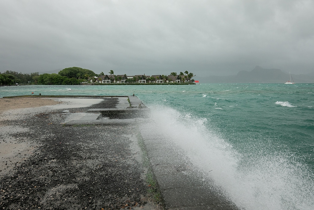 MAHEBOURG: Waves are seen crashing on the Pointe Jeome jetty in Mahebourg, Mauritius, on February 20, 2023 as Cyclone Freddy approaches. The Mauritius Meteorological Services (MMS) has issued a Class 3 cyclone warning, saying estimated gusts in the centre of Cyclone Freddy could reach around 275 kilometres (170 miles) an hour. – AFP