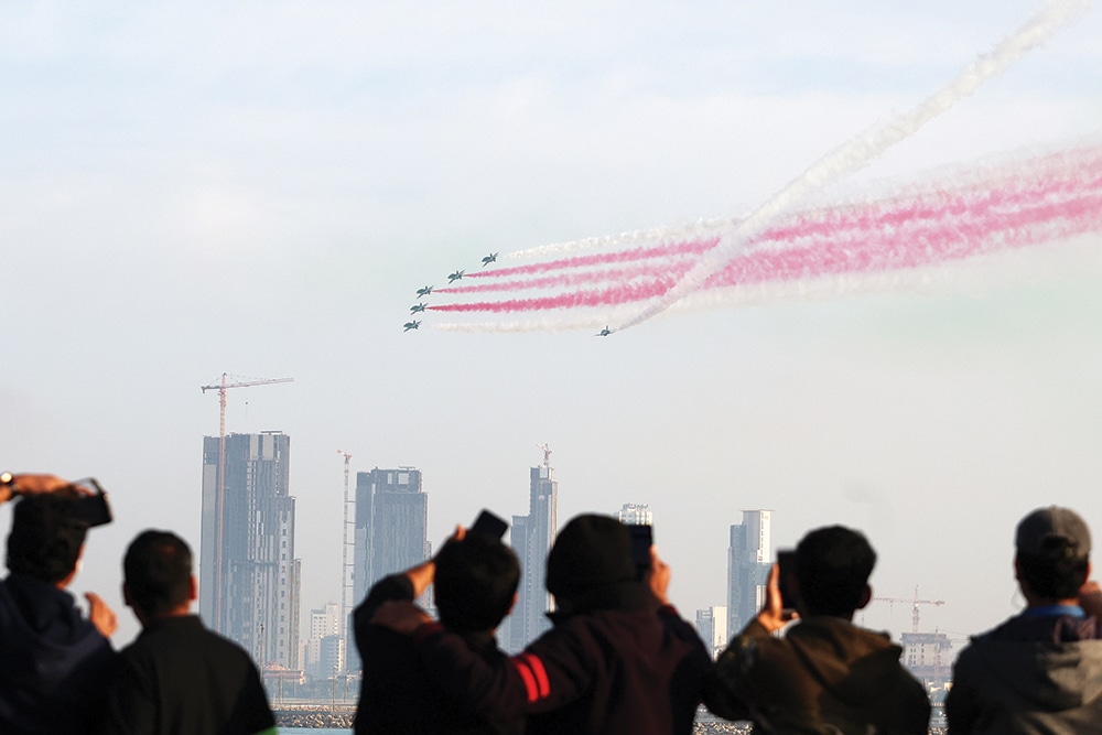 The Royal Saudi Air Force aerobatic display team ‘Saudi Hawks’perform during an aerobatic show.  —  Photo by Yasser Al-Zayyat