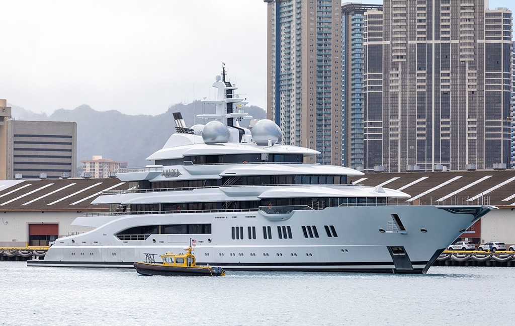 HONOLULU, US: In this file photo taken on June 16, 2022 shows a harbor pilot boat cruising past the yacht Amadea of sanctioned Russian Oligarch Suleiman Kerimov, seized by the Fiji government at the request of the US, arrives at the Honolulu Harbor, Hawaii. -- AFP
