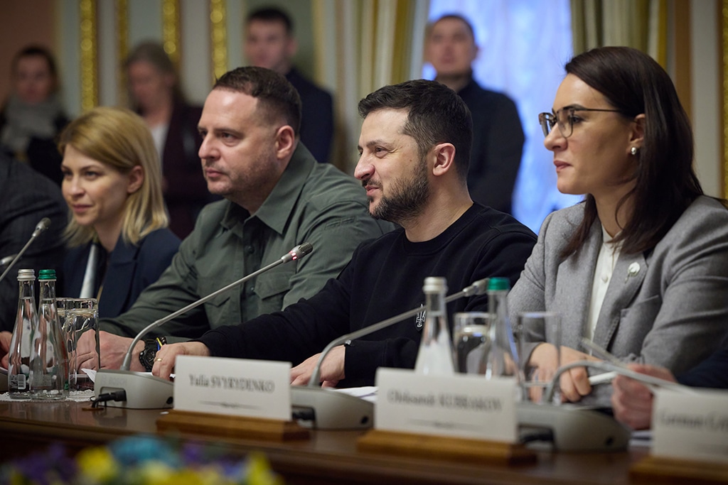 KYIV: This handout picture taken and released by the Ukrainian Presidential press-service on February 3, 2023, shows the Ukrainian President Volodymyr Zelensky (center) attending a work session during an EU-Ukraine summit in Kyiv. - AFP