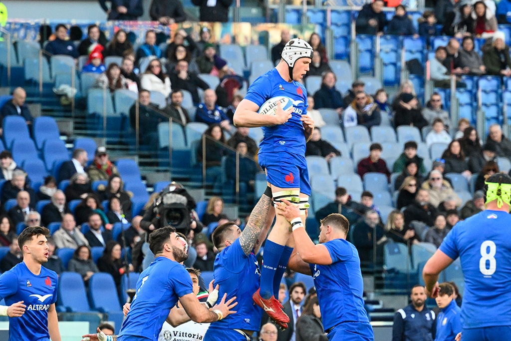 ROME: France's lock Thibaud Flament (top) grabs the ball during the Six Nations international rugby union match between Italy and France on February 5, 2023.- AFP