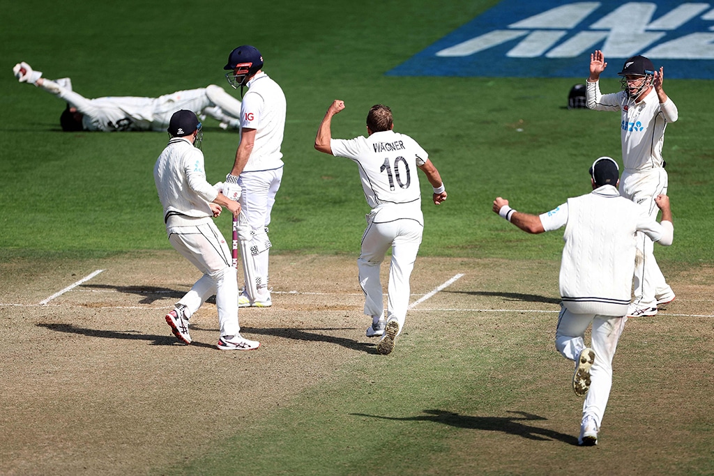 WELLINGTON: New Zealand's Neil Wagner celebrates taking the final wicket of England's James Anderson to win during day five of the second cricket test match between New Zealand and England at the Basin Reserve on Feb 28, 2023. - AFP