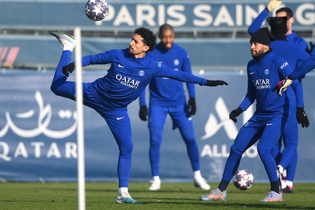 PARIS: Paris Saint-Germain's Brazilian defender Marquinhos (left) and Paris Saint-Germain's Brazilian forward Neymar (right) take part in a training session in Saint-Germain-en-Laye, west of Paris on February 13, 2023.- AFP