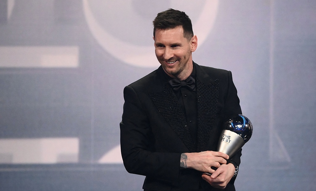PARIS: Argentina and Paris Saint-Germain forward Lionel Messi poses on stage after receiving the Best FIFA Men’s Player award - AFP photos