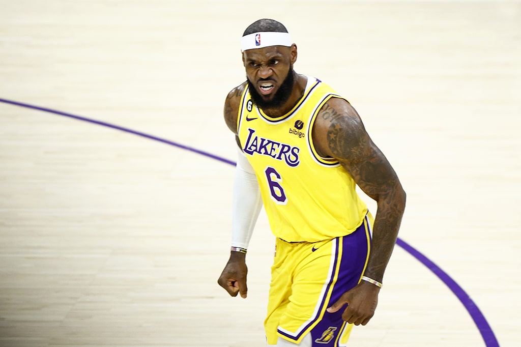 LOS ANGELES: LeBron James #6 of the Los Angeles Lakers reacts after a basket in the third quarter against the Oklahoma City Thunder at Crypto.com Arena on February 07, 2023.- AFP