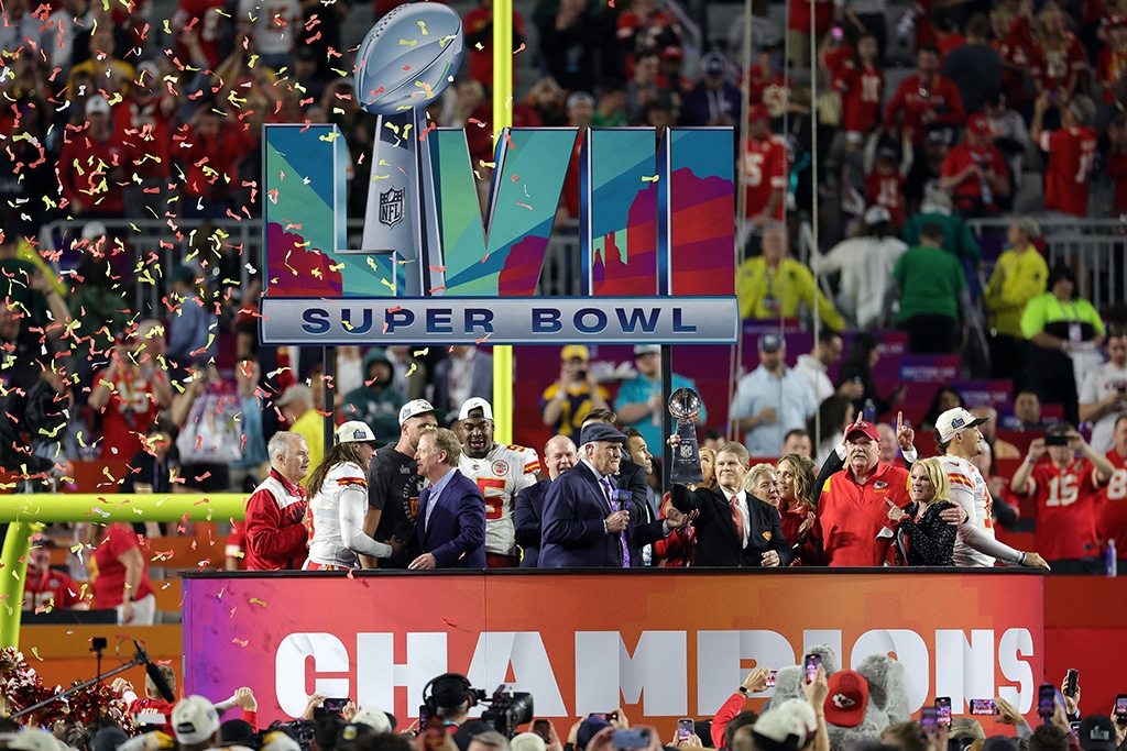 GLENDALE: Kansas City Chiefs CEO Clark Hunt celebrates with the Vince Lombardi Trophy after the Kansas City Chiefs beat the Philadelphia Eagles in Super Bowl LVII at State Farm Stadium on February 12, 2023 in Glendale, Arizona. – AFP