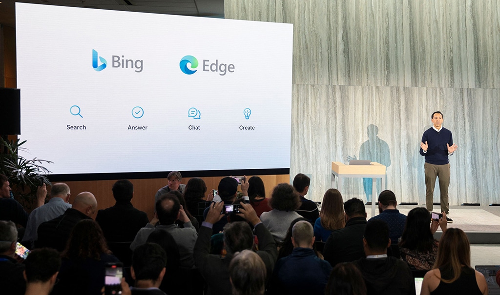 REDMOND: Yusuf Mehdi, Microsoft Corporate Vice President of Modern Life, Search, and Devices, speaks during a keynote address announcing ChatGPT integration for Bing on Feb 7, 2023. - AFP
