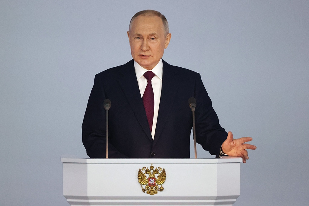 MOSCOW: Russian President Vladimir Putin delivers his annual state of the nation address at the Gostiny Dvor conference center on Feb 21, 2023. - AFP