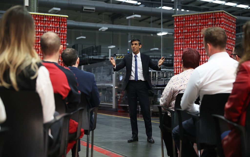 LISBURN, United Kingdom: Britain's Prime Minister Rishi Sunak holds a Q&amp;A session with local business leaders during a visit to Coca-Cola HBC in Lisburn, Co Antrim in Northern Ireland on February 28, 2023. --AFP